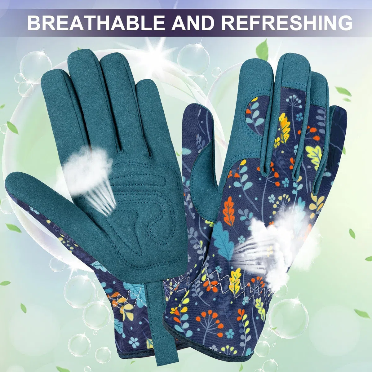 Gartenhandschuhe mit Blumenmuster, Atmungsaktiv und Elastisch, Türkis-Marineblau