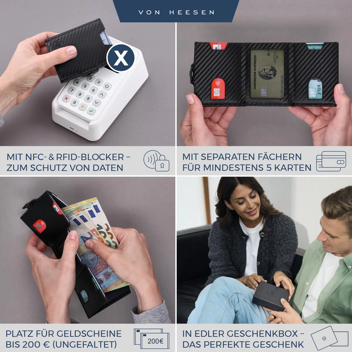 VON HEESEN Slim Wallet mit Münzfach & RFID Schutz Geldbörse Herren Damen Kartenetui Mini Portmonee Carbon-Schwarz
