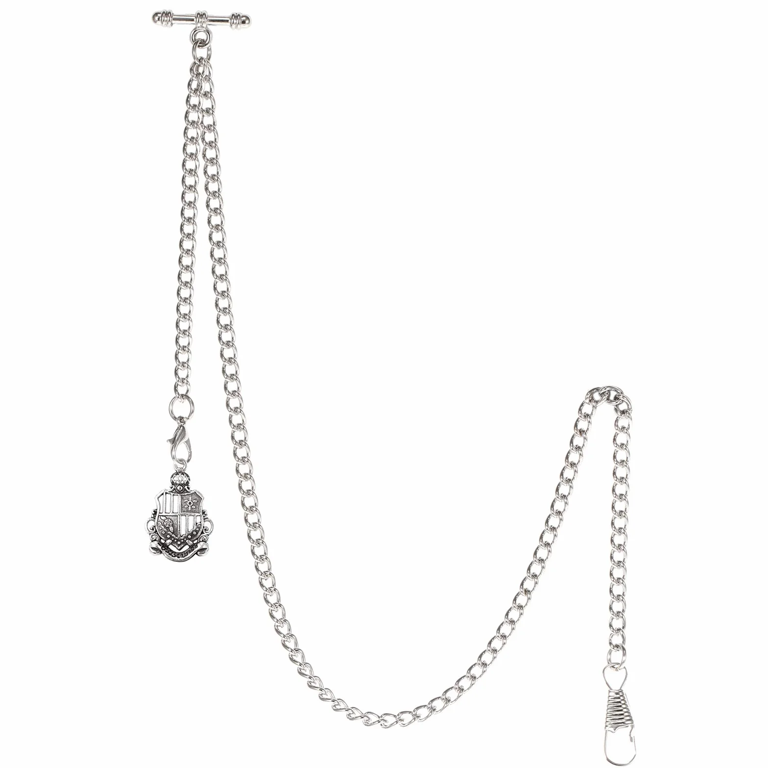 TREEWETO Taschenuhrkette mit T Bar Endstück Albert T-Bar Taschenuhr Kette mit Antiker Schild-Anhänger und 2 Haken für Weste Knopfloch