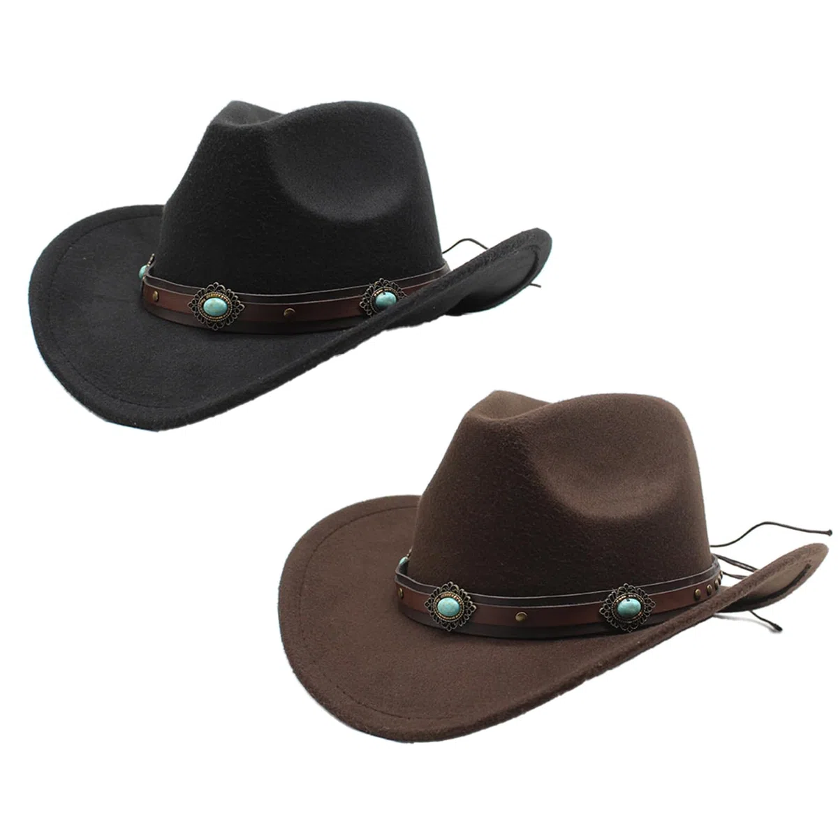 2 Stück Classic Wool Cowboy Hut für Männer und Frauen Herbst-Winter Western Stil Filzhut mit Riemen Design Dekorative Saphirband Outdoor Sonnenhut (Kaffee+Schwarz)