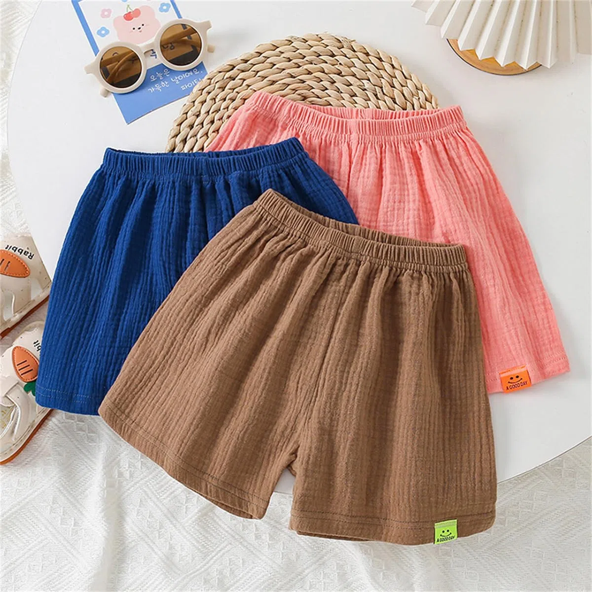 3er Pack Baby Kinder Jungen Mädchen Baumwolle Leinen Shorts Sommer Musselin Kurz Hose 1-11 Jahre Sommerhose Leichte Atmungsaktive Einfarbige Lässige Kurze Hosen Gr. 80/86/98/104/116/128/134/146
