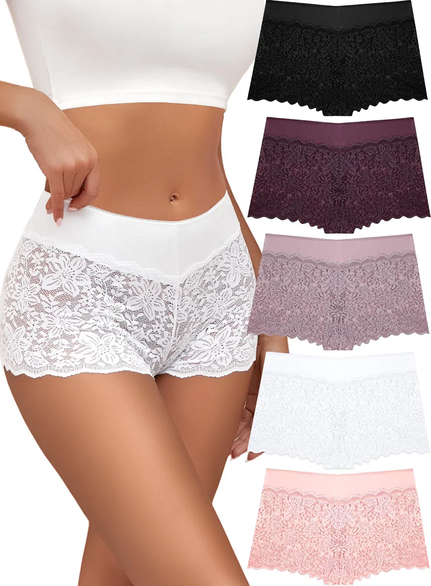 ALL OF SHE 5er Pack Unterwäsche Frauen Unterhosen Damen Große Größen Sexy Pantys Spitze Atmungsaktive Boxershorts Damen Panties Hipster Stretch-Baumwolle Bund Dessous Mehrpack S-3XL