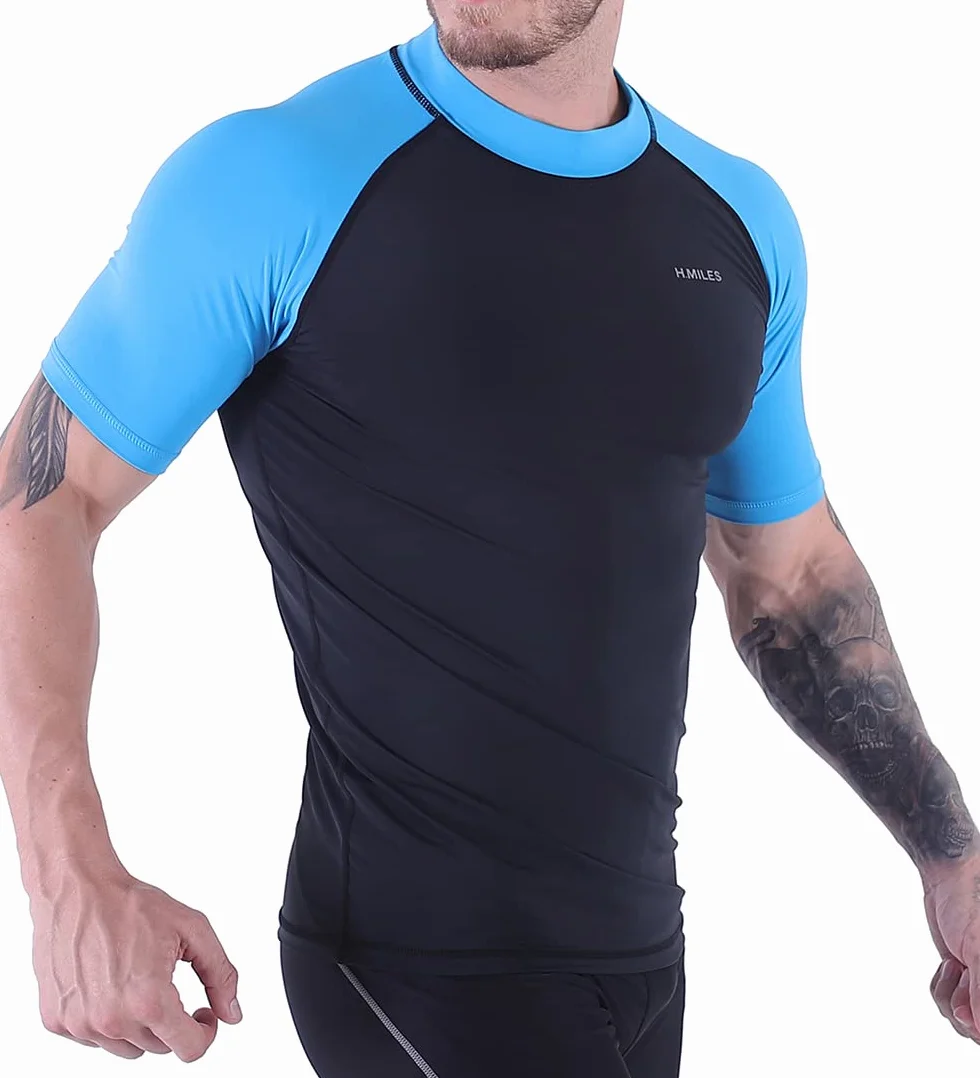 Herren Rash Vest Rashguard Kurzarm schwarz Schnorcheln Schwimmen Surfen Tops Tauchen Anzug UV Schutz Beach T-Shirt Shortsleeve