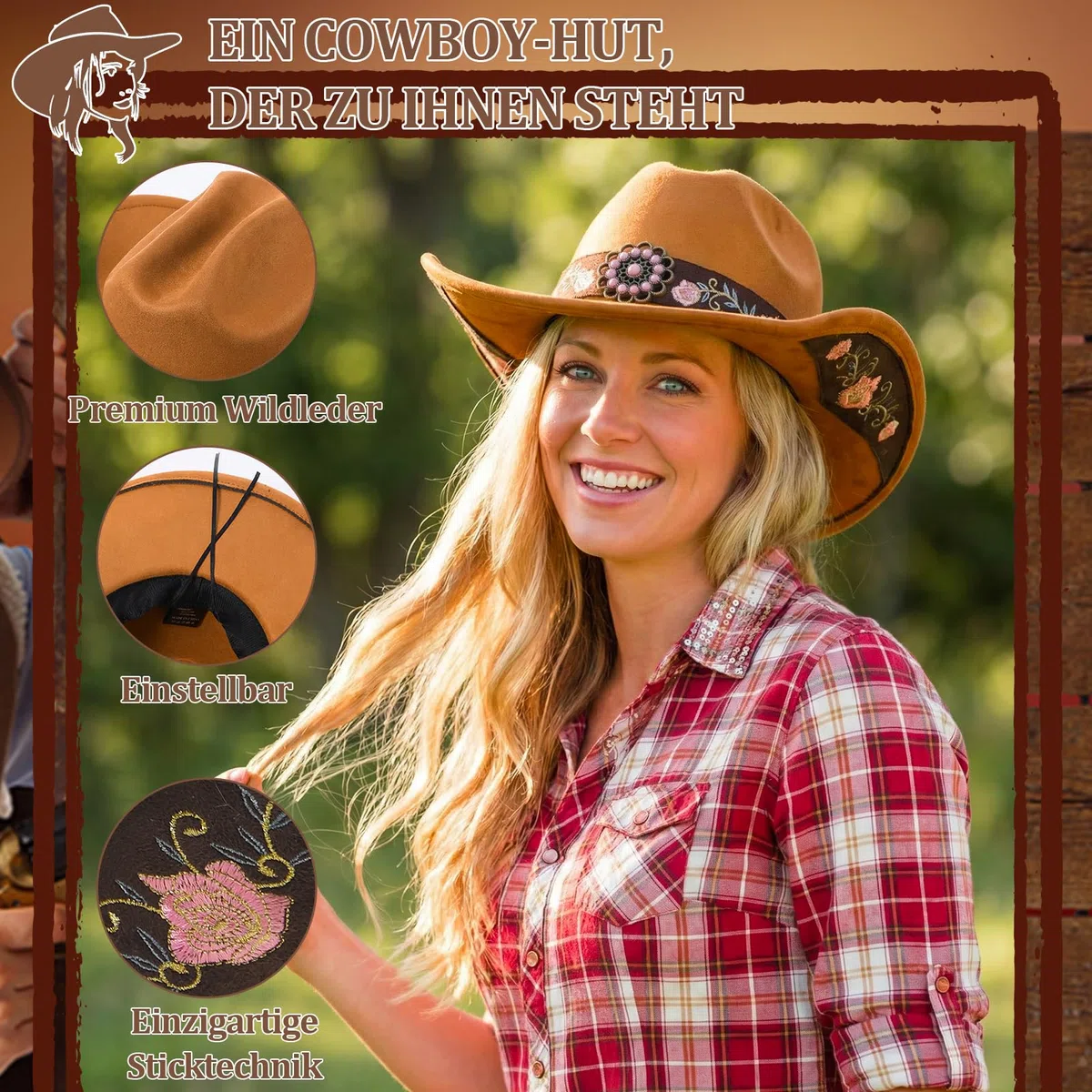 Utensilsto Western-Cowboyhut für Damen mit breiter Krempe und Stickerei