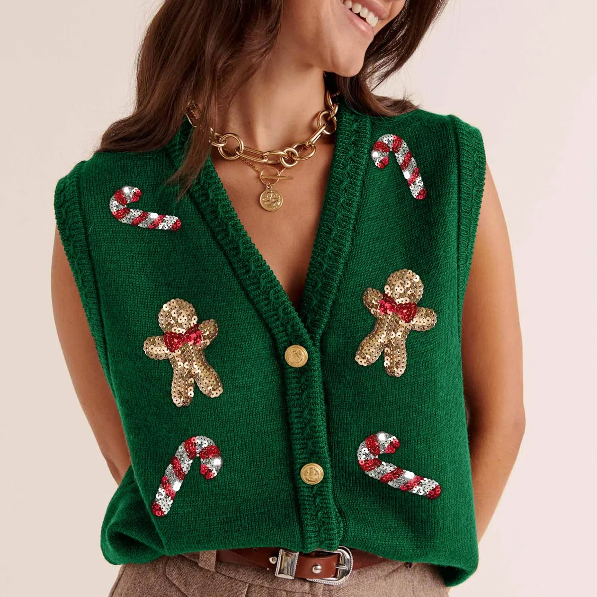 Damen-Weihnachtsweste, hässlicher Weihnachtspullover, Weste, Stickerei, Weihnachtsmann-Druck, ärmellos, Strickjacke, V-Ausschnitt, Weste, Weste, Weste, Weste, Weste, Weste