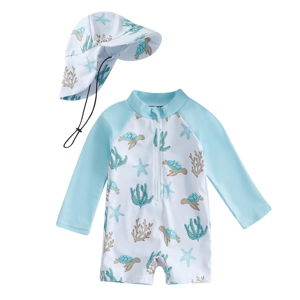 Generisch UV Kleidung Baby Kinder Badebekleidung Einteiliger Badeanzug mit Badekappe Sommer Langarm Druck Schwimmanzug Kleinkind Strand Casual Badeoverall Bequem Bademode für 0-3 Jahre