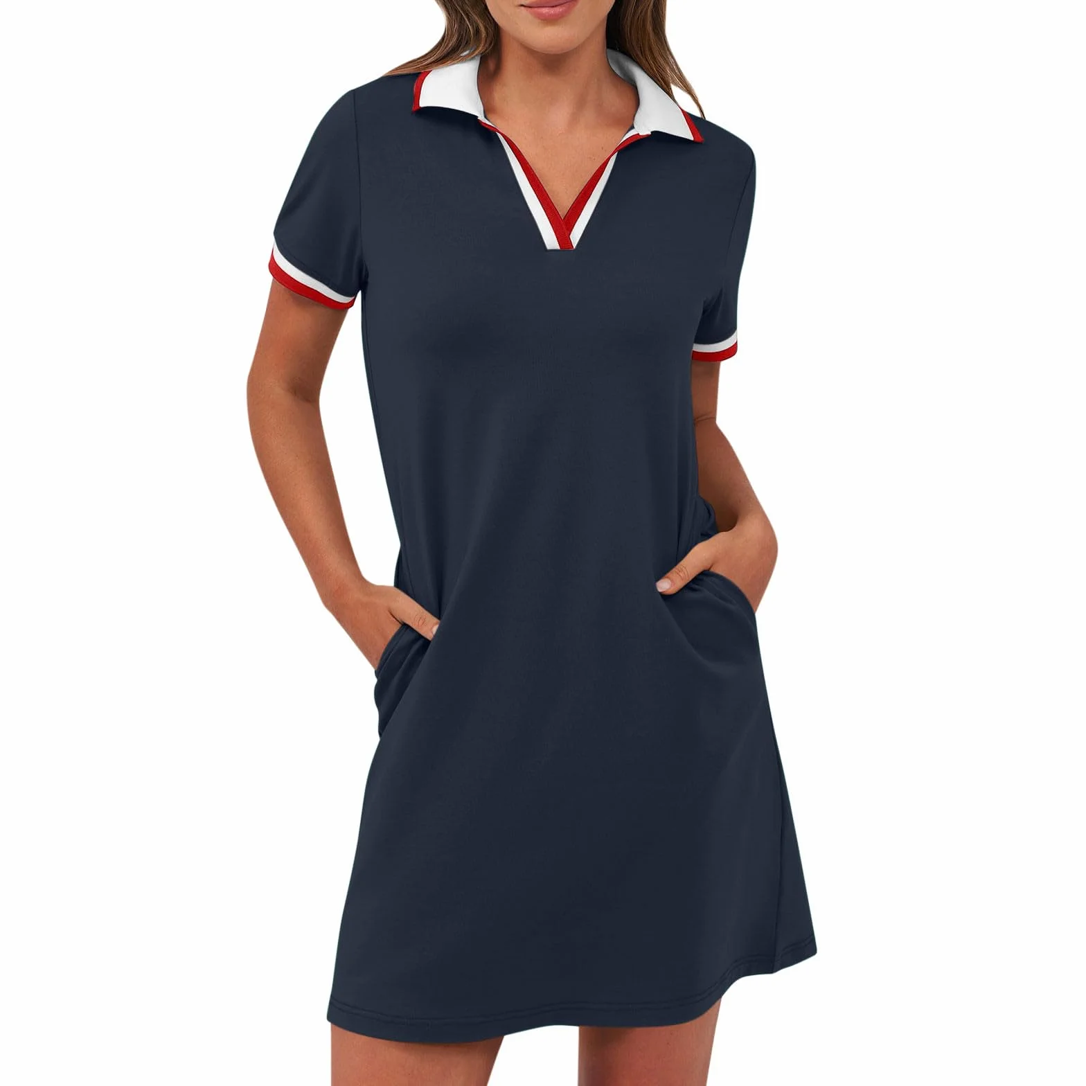 Polokleid Damen Sommer Revers Minikleid Knielang Freizeitkleid Kurzarm Sommerkleid Einfarbig Golf Kleid Kurze Shirtkleid mit Taschen Leichte Bequem Sportkleid Lässiges Tennis Kleider
