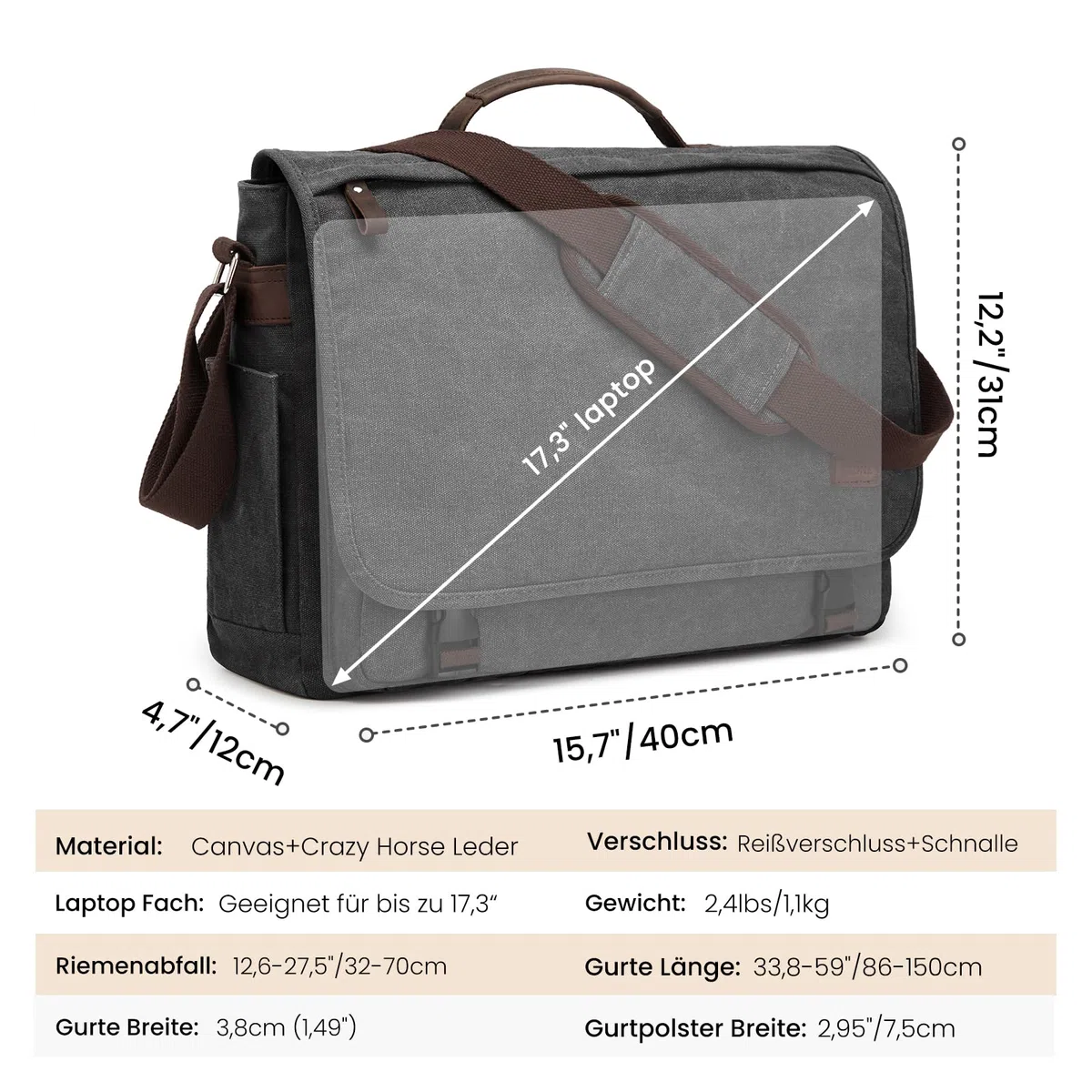 S-ZONE Herren Umhängetasche 17,3 Inch Messenger Bag Canvas Laptoptasche Aktentasche