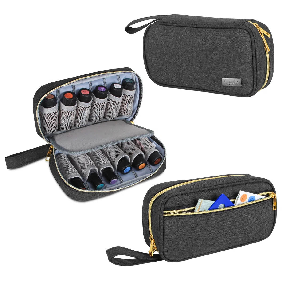 Luxja Ätherische Öle Aufbewahrung - Hält 12 Flaschen (5ml-15ml, Auch für Rollerflaschen), Öl Tasche für Zubehör, Schwarz