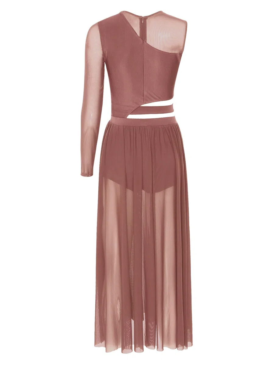 Damen Lyrisches Ballett Tanzkleid Ausschnitt Patchwork Dame Kleid Seite Split Sheer Mesh Kleider Tanzkleidung