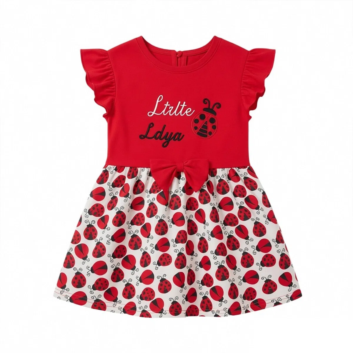 Kurzärmeliges Mädchen Kleid Mit Marienkäfer-Print - Lockeres Sommerkleid Mit Schleifenmotiv | Lässiges Kleid Für Alltag Und Spielplatz