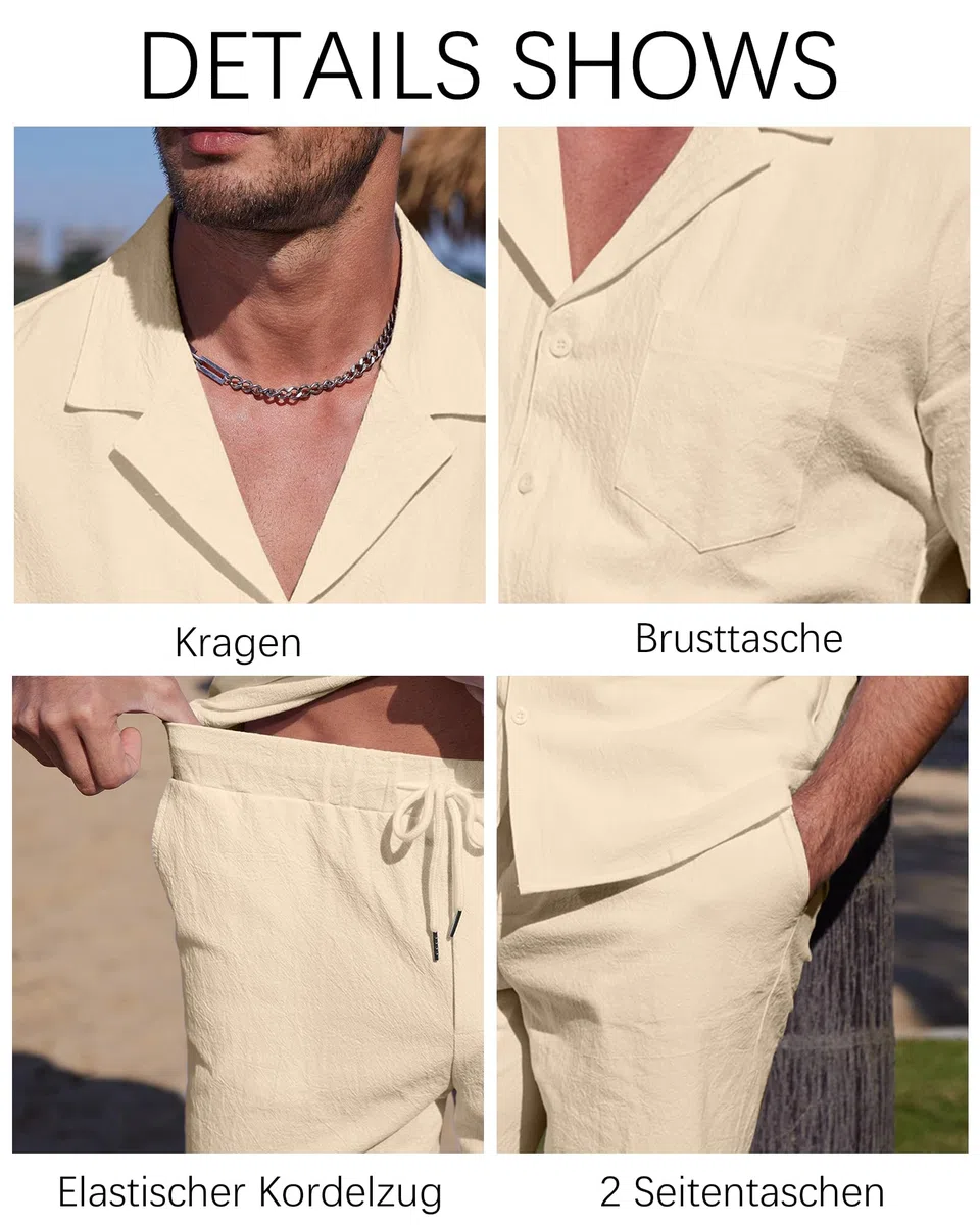 YAOHUOLE Leinen Hemd und Hose Set Herren Kurzarm Leinen Hose & Hemd Herren Kurzarm Sommer Universal Fit