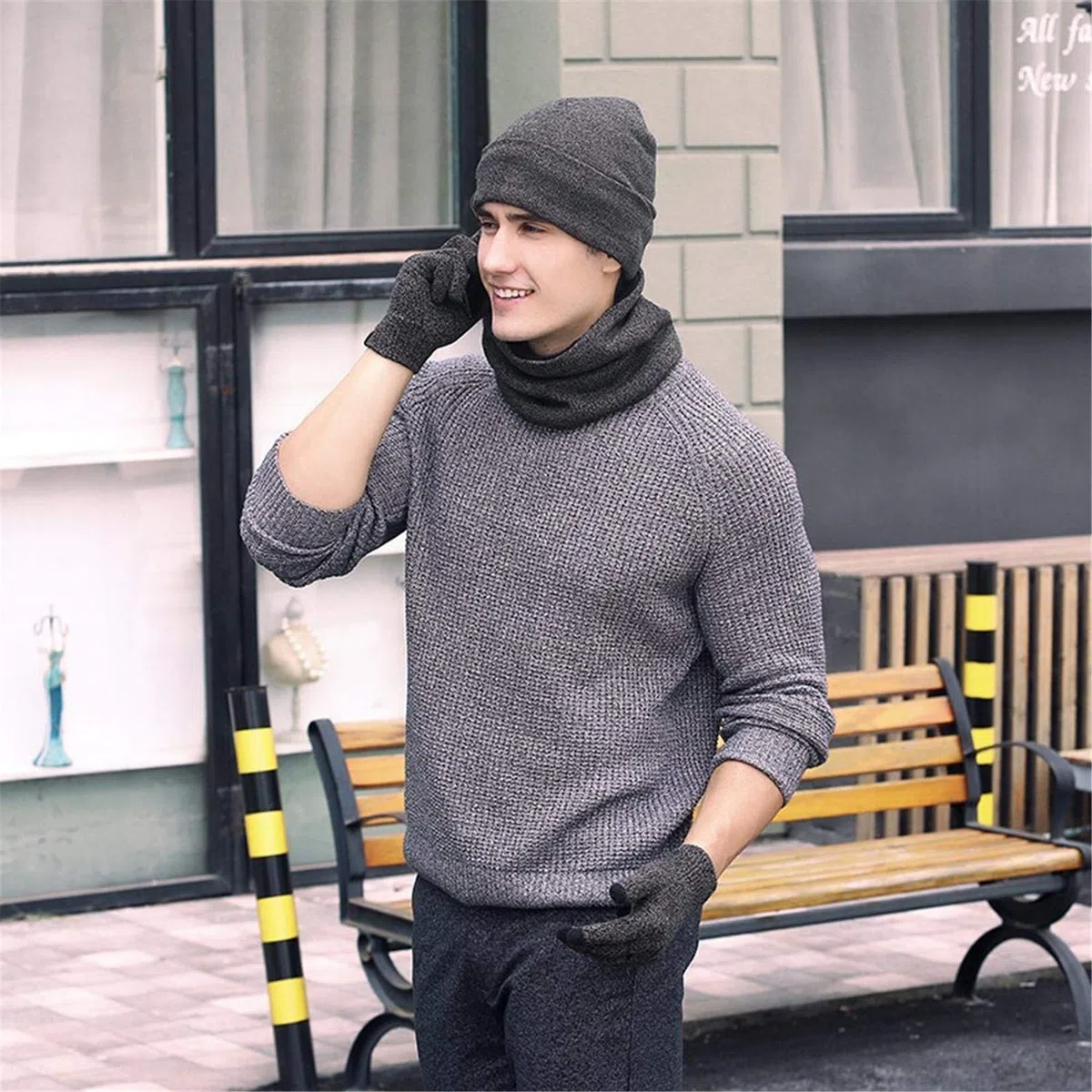 Mütze Herren Damen Wintermütze Schal Touchscreen Handschuh Set, Beanie Strickmütze Winter Loop Schal mit Fleecefutter Warmemütze Schlauchschal Handschuhe für Herren Damen
