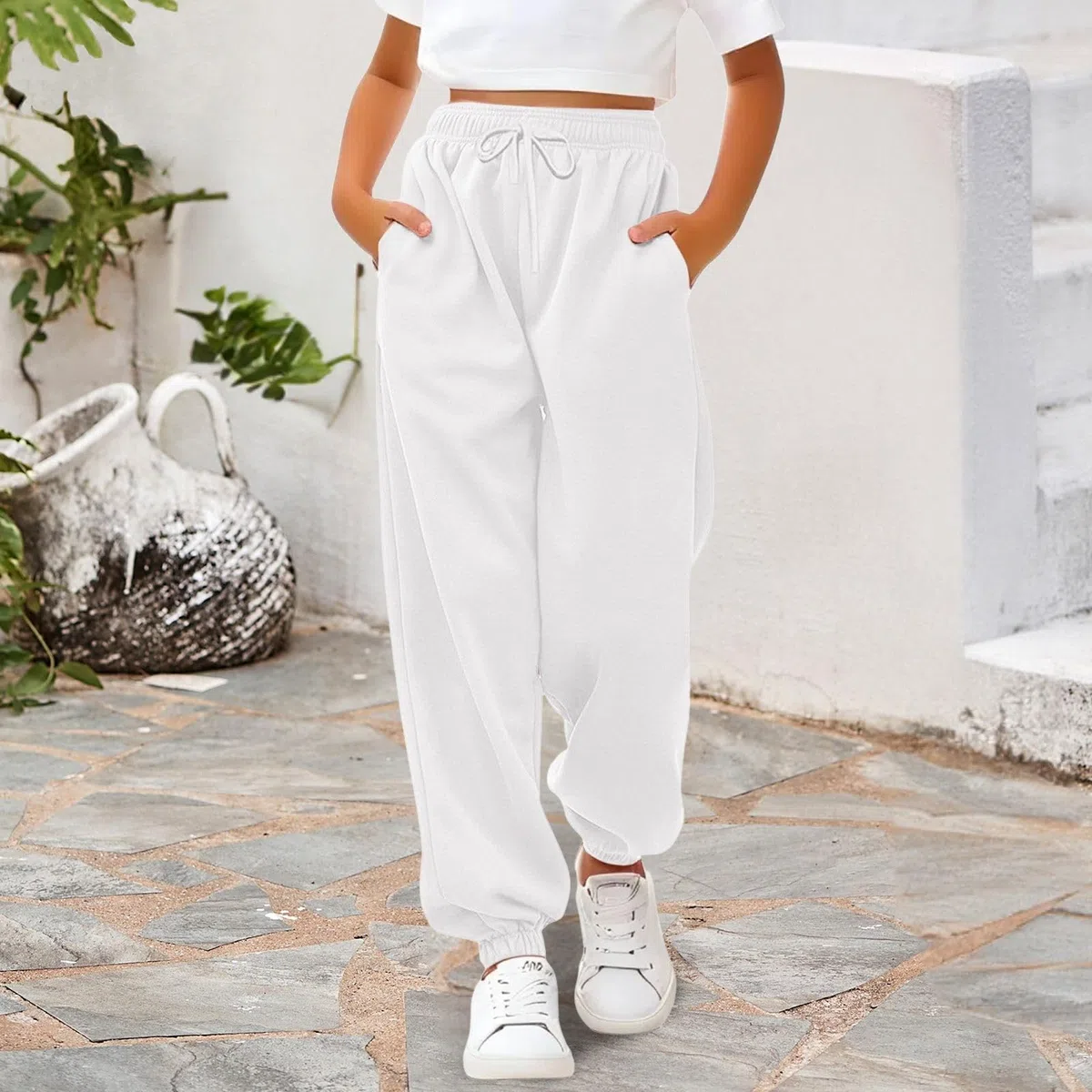 Sporthose Mädchen Baggy Jogginghose Einfarbige Drawstring Jogginghosen Teenager Mädchen High Waist Sweatpants Kinder Elastische Freizeit Lang Hosen mit Taschen