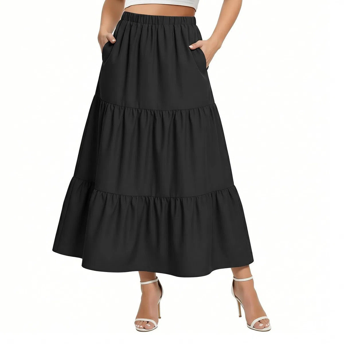 Röcke für Damen mit Taschen - Basic Solid A-Line Elegante Plisseerock Knielang Skater Röcke, Boho Maxirock Casual Elastischer Bund Lang Hohe Sommerrock Langrock, Schwarz