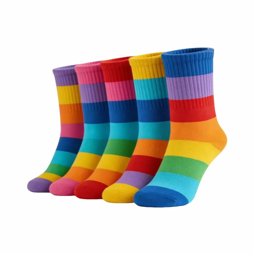 AKAMAS 5 Paar Neuheit Jungen Mädchen Bunte Gestreifte Freizeit Socken,Novelty Kinder Regenbogen Streifen Muster Crew Socke,Weiche Gestrickte Baumwolle Laufsocken,Elastische Sneaker Sport Söckchen