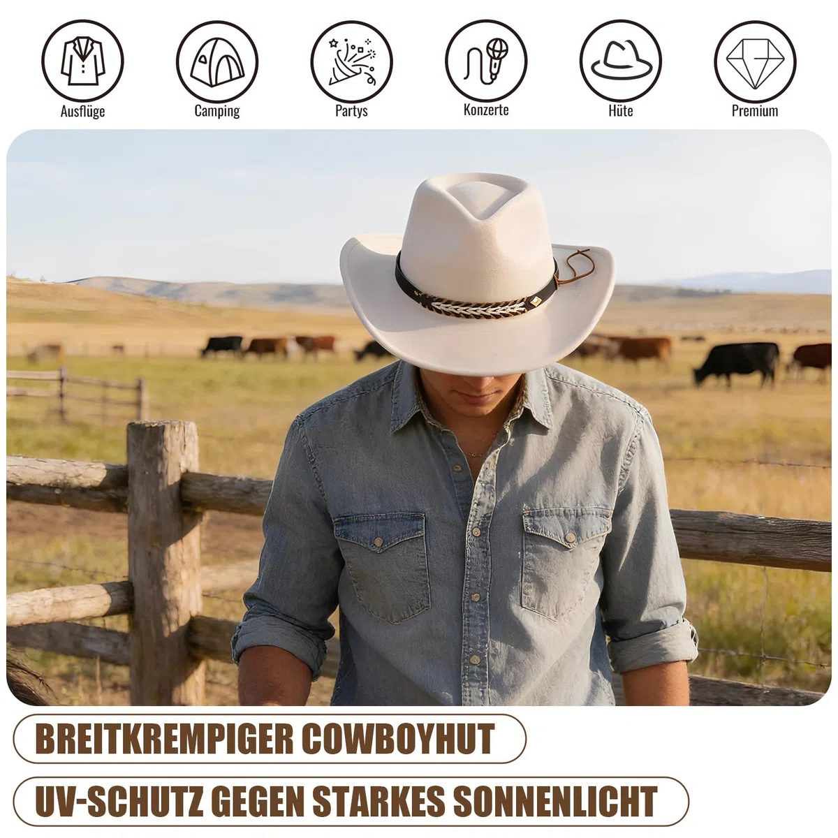 MYKAGS Klassischer breiter Rand Denim Cowboy Hut Unisex Western Retro Stil Perfekt für Camping Gartenbau Urlaub Komfortabel Langlebig Mode Zubehör für Outdoor Abenteuer Reisen (Weiß)