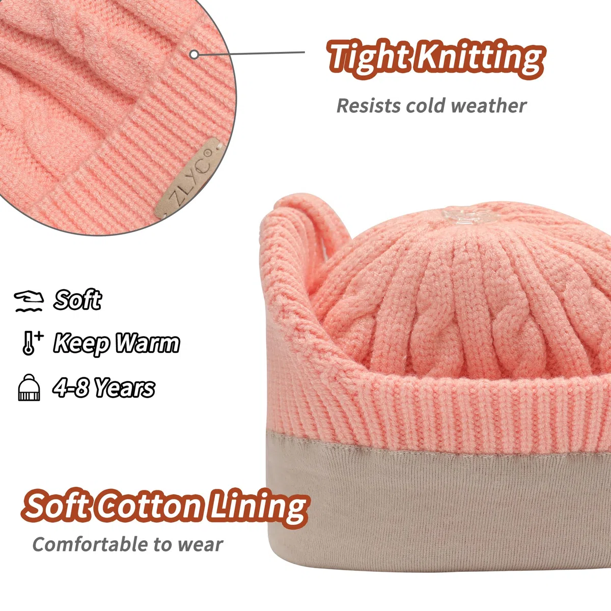 ZLYC Kinder Mädchen Strickmützen Wintermützen Baumwolle Pom Pom Beanie
