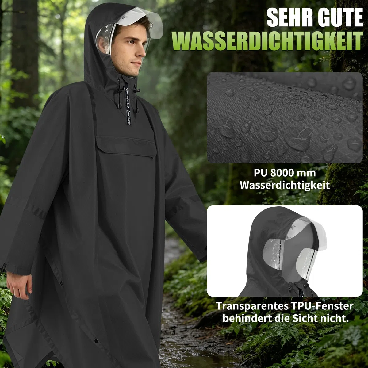 Andake 3-in-1 Regenponcho, Wasserdichter Regenponcho unisex, Wiederverwendbar, Leicht & Tragbar, Ideal für Camping, Wandern & Angeln im Freien