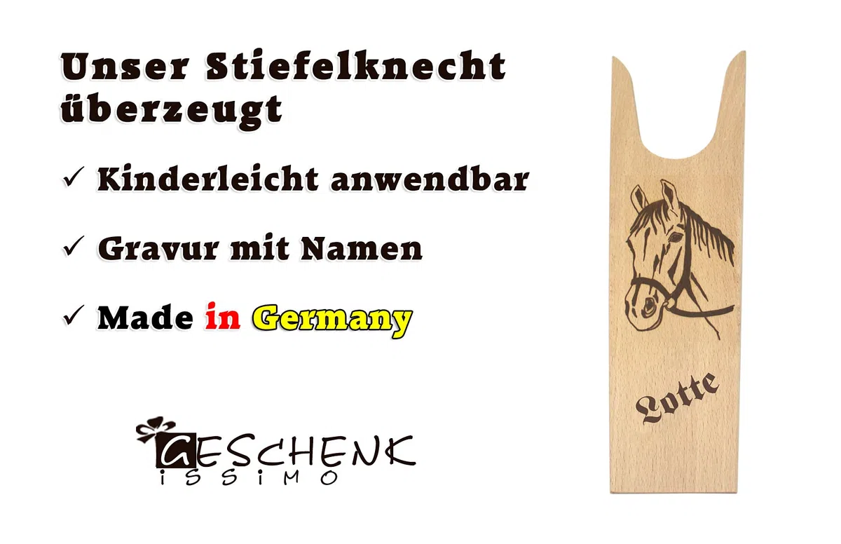 Stiefelknecht mit Pferd Motiv und Gravur - personalisiert mit Name! Ausziehhilfe für Reitstiefel, Cowboystiefel, Gummistiefel und sonstige Schuhe - der Stiefelauszieher für Kinder und Erwachsene
