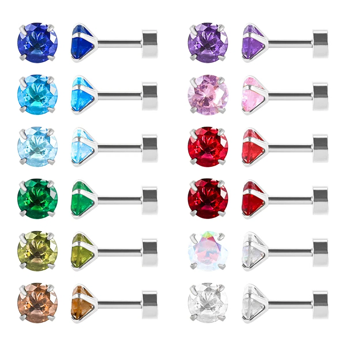 12 Paare flache Rückseite chirurgischen Edelstahl Ohrstecker, Schraube zurück Herz Stern Quadrat Teardrop Runde vergoldet Silber Cubic Zirkonia CZ Birthstone Ohrstecker Set