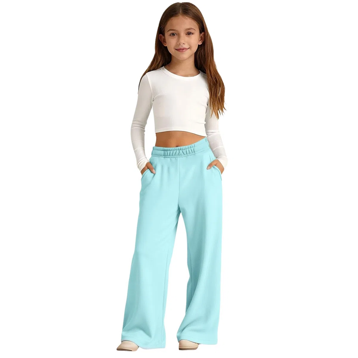 Jogginghose Mädchen mit weitem Bein, Baumwolle, weites Bein, elastische Taille, Kordelzug, Sweathose, Teenager, Kinder, Sommeruniform, Lange Hose mit Taschen, Trendige, süße Palazzo-Hose