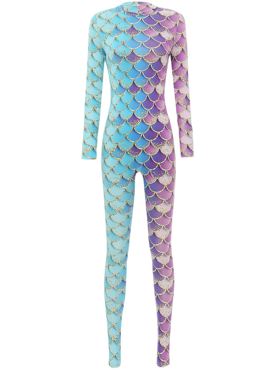 IEFIEL Damen Meerjungfrau Kostüm für Karneval Halloween Cosplay Faschingskostüm Langarm Ganzkörperanzug Ganzanzug Jumpsuit Gymnastikanzug