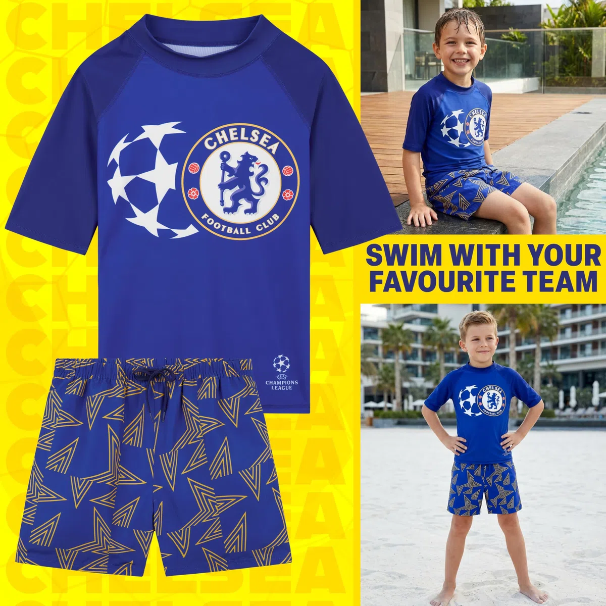 Chelsea FC Badeanzug Set Jungen Teenager 5-14 Jahre, Kurzarm Badehose und Rashguard, UPF 50+ Bademode für Strand Pool Urlaub, Fußball Geschenke