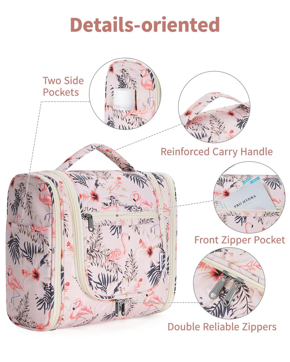 Narwey Kulturbeutel zum Aufhängen, Kulturtasche Kulturbeutel Damen Kinder Gross, Waschtasche Hanging Toiletry Bag Damen für Reise, Kosmetiktasche Make up Tasche für Mädchen (Beiger Flamingo (Groß))