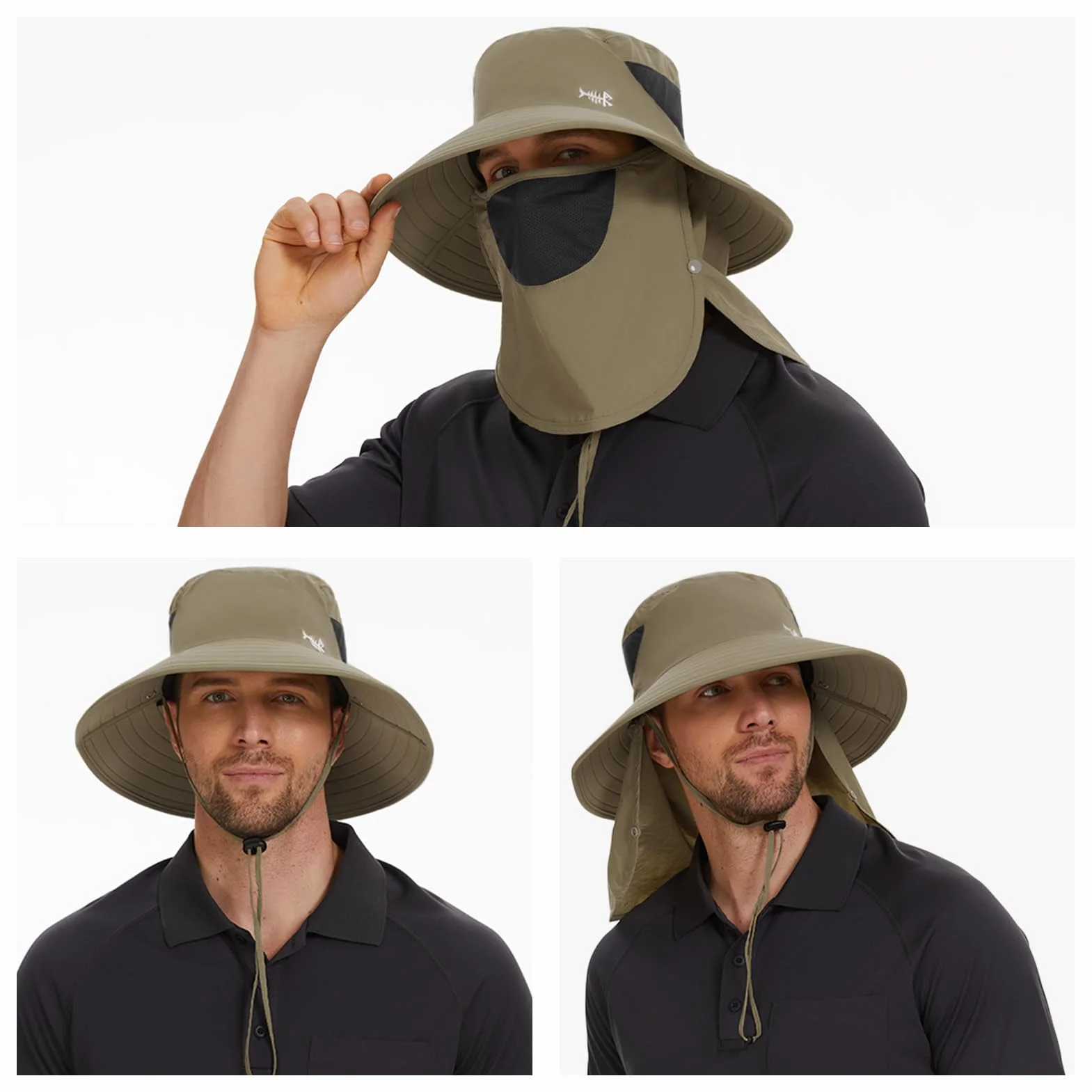 Bassdash Sonnenhut Fischerhut UPF 50+ Breiter Krempe Wanderhut mit abnehmbarem Gesichtsschutz und Nackenklappe Atmungsaktiver Unisex Wasserfester Angelnhut für Damen Herren