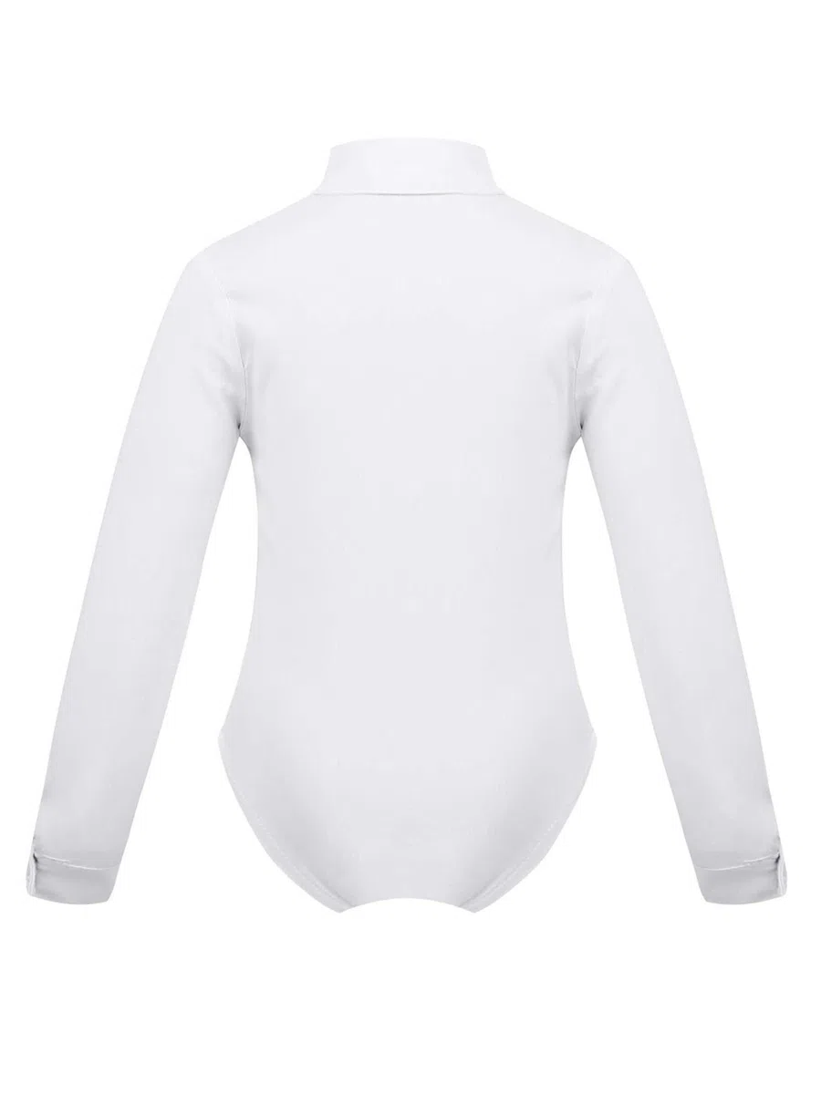 Kinder Jungen Body Langarm Strampler Overall Slim Fit Hemd Langarmbody Tanzhemd Latein Ballsaal Tanzkostüm Weiß 146-152