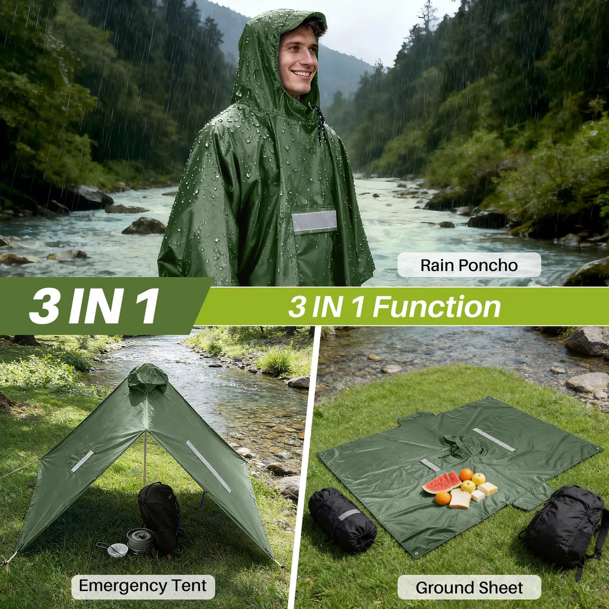 Leicht Wasserdicht Regenponcho Regenjacke Herren & Damen mit Ärmeln Belüftet Mehrzweck Regenmantel mit Kapuze Schutzdecke Unterschlupf Plane Regencape für Camping Wandern Hikking