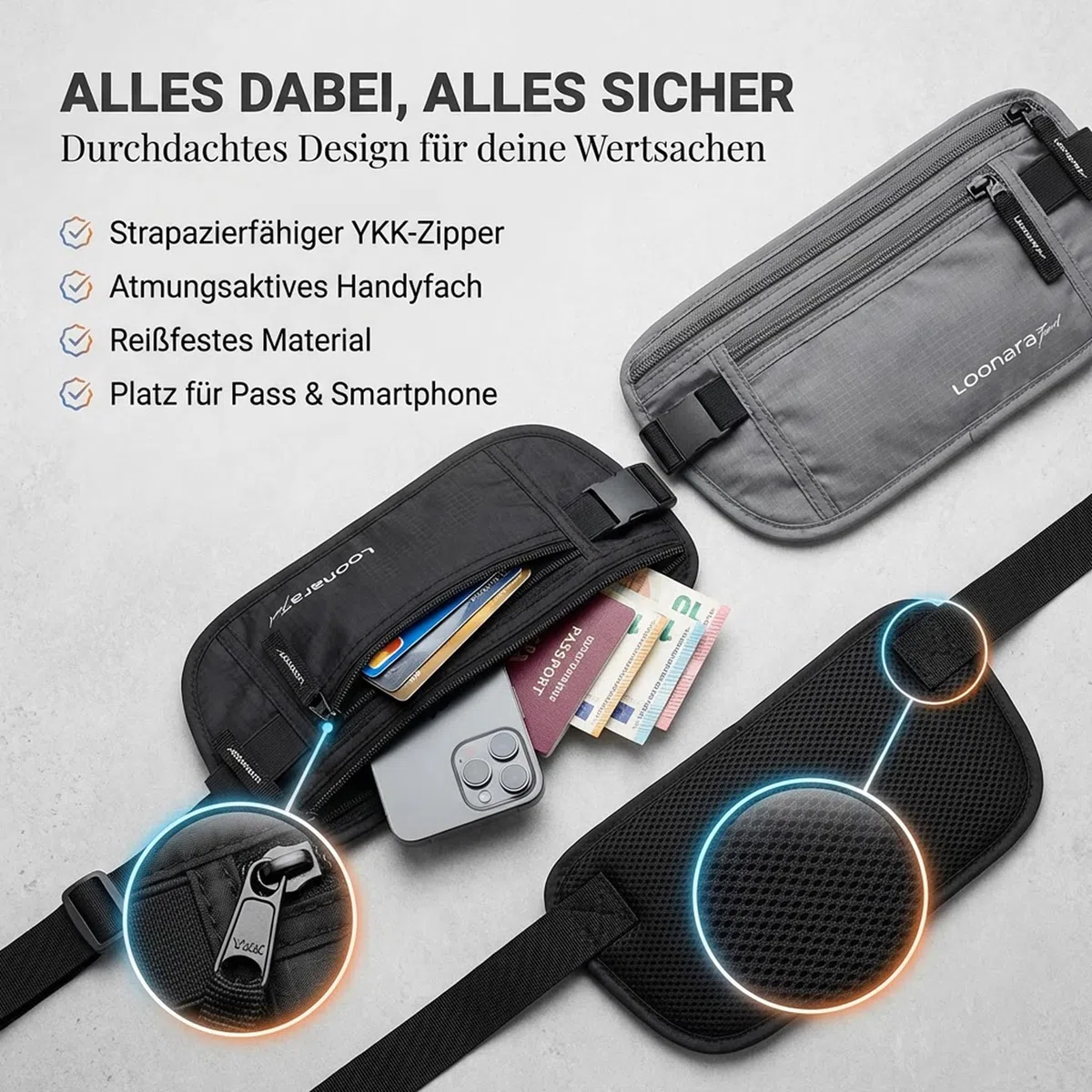 Diebstahlsichere Tasche mit RFID Blocker für Dein Reise-Zubehör - Geldgürtel (Money Belt) als Reise Sicherheitstasche - Brustbeutel Damen, Fanny Pack, Bauchtasche Damen Klein