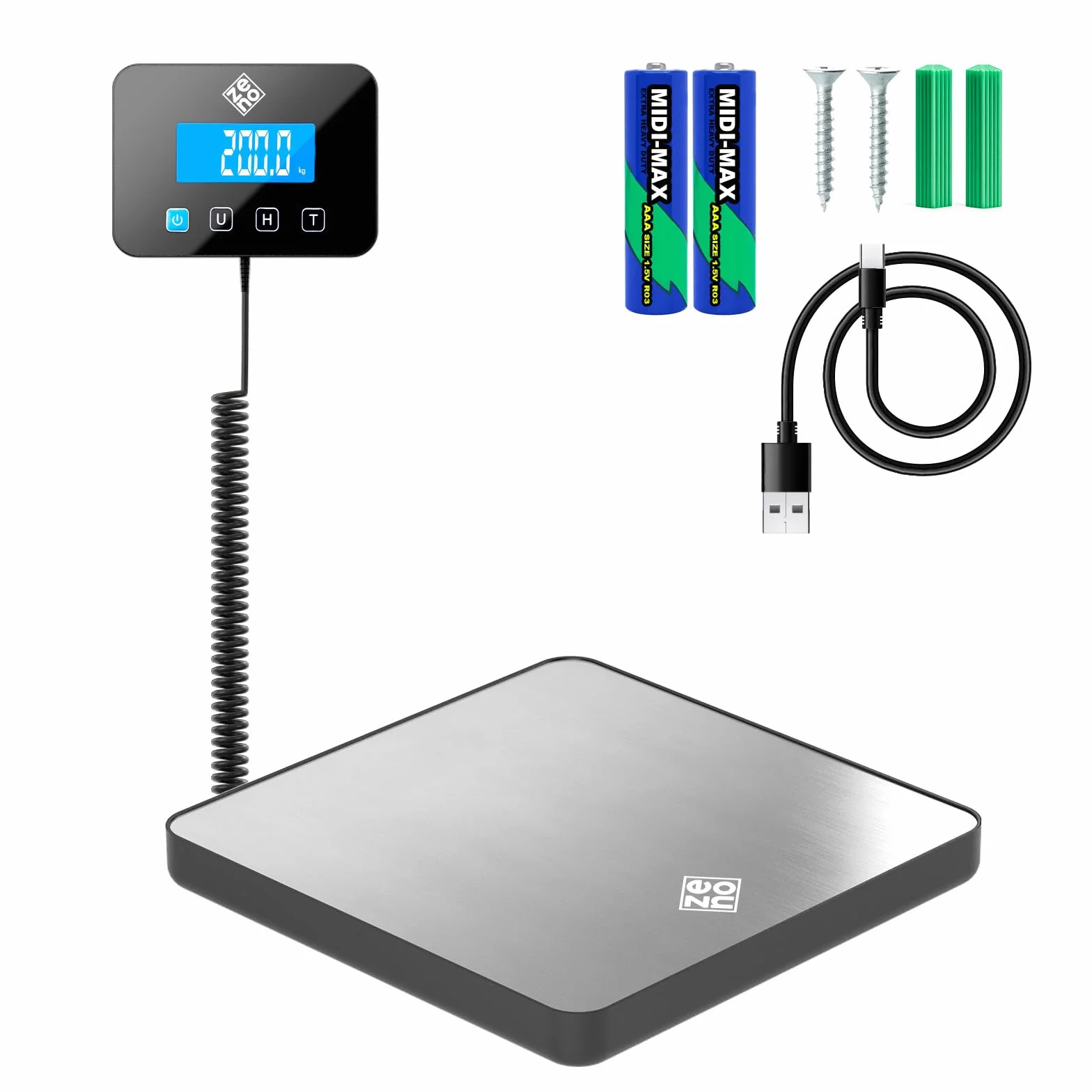 Paketwaage - 200 kg/10 g - Hochpräzise Plattformwaage mit Halte-/Tara-Funktion/LCD - Postwaage perfekt für Pakete, Gepäck, Heimgebrauch - Batterie & Kabel enthalten - Gepäckwaage - Silber