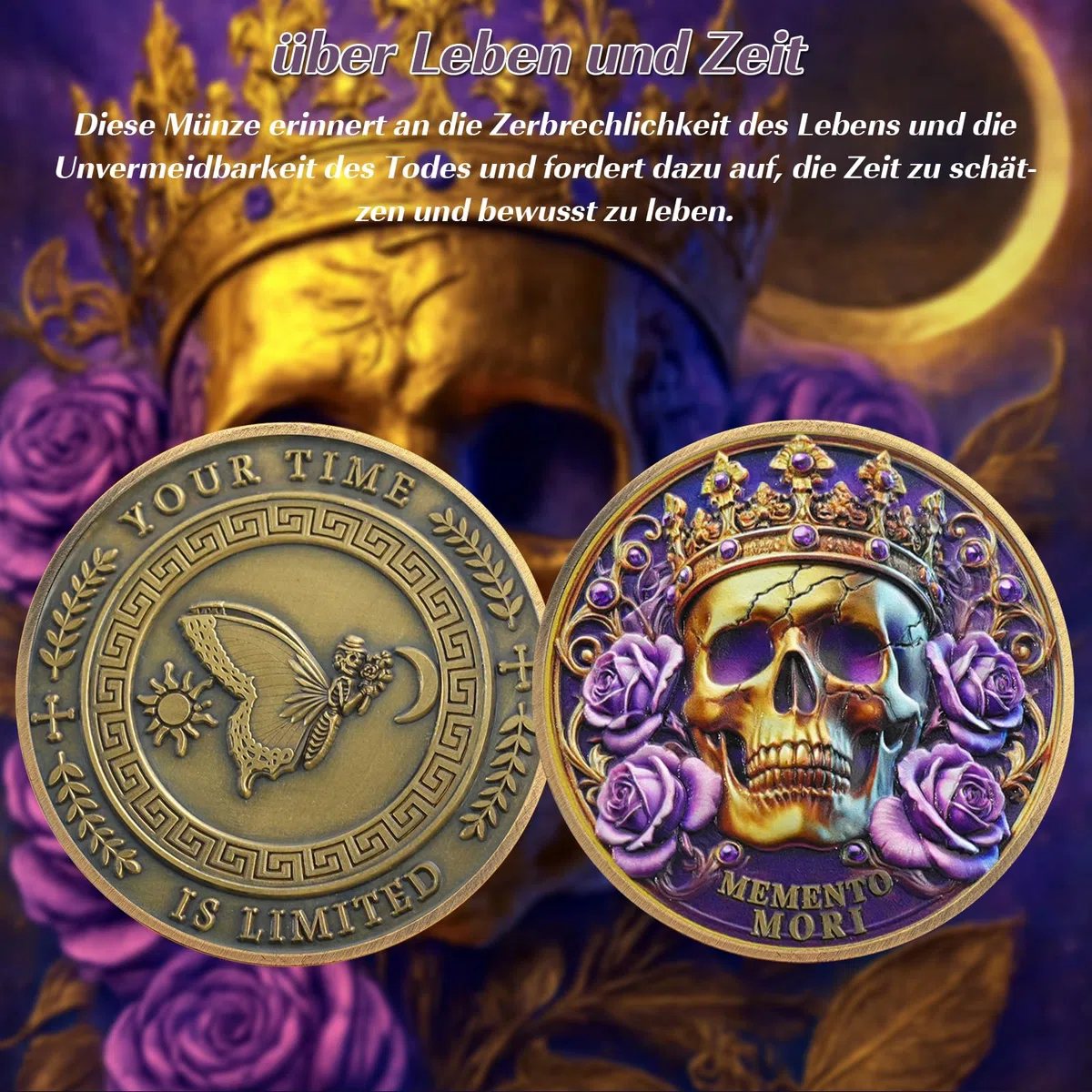 Memento Mori Gedenkmünze – Totenschädel, Schmetterling & Sanduhr Design – "Tempus Fugit" – Philosophie-Münze über Leben, Zeit und Tod