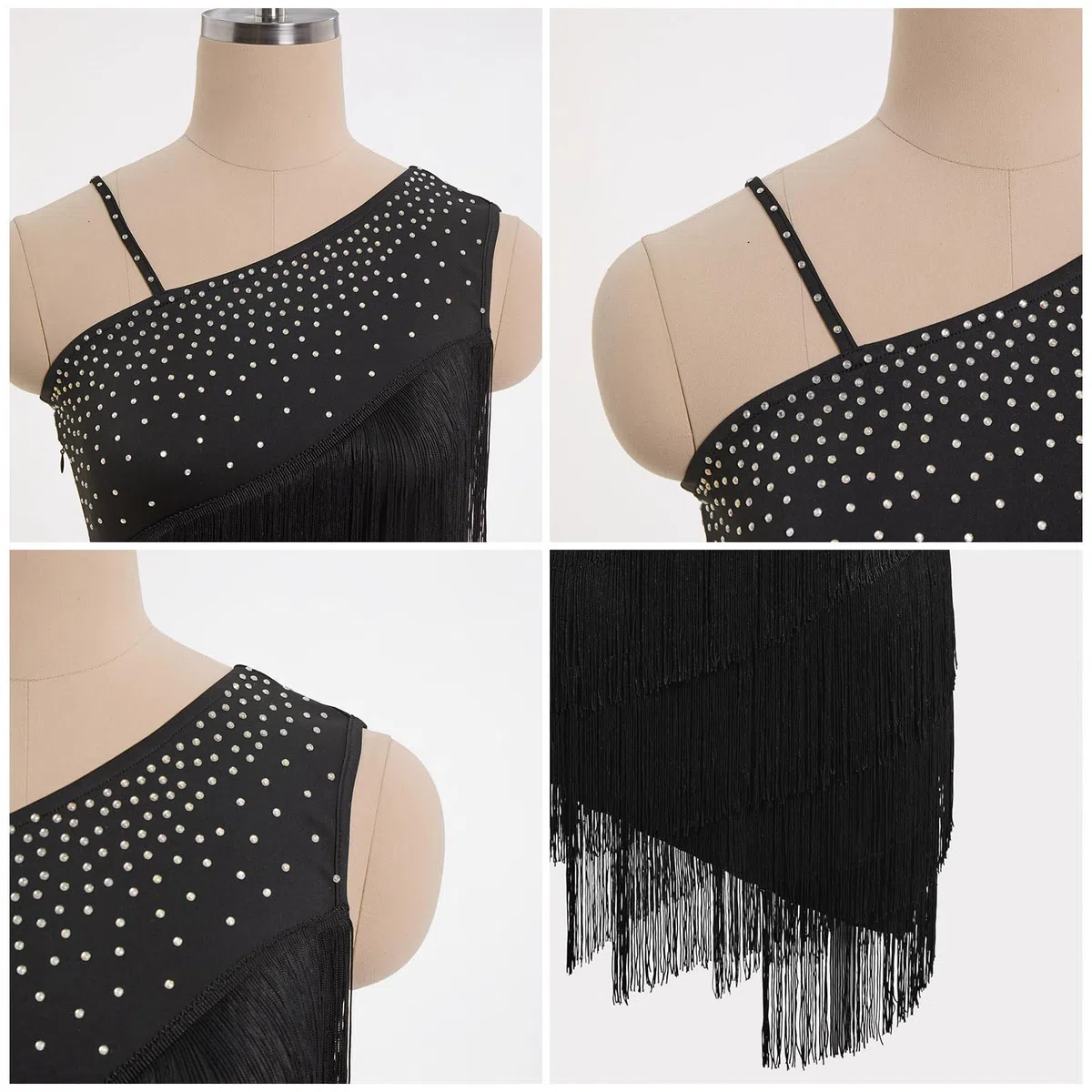 Damen Asymmetrisch Eine Schulter Strass Fransen Latin Dance Kleid 1920s Pailletten Quaste Flapper Kleider Salsa Cha-Cha Ballroom Dance Kostüm