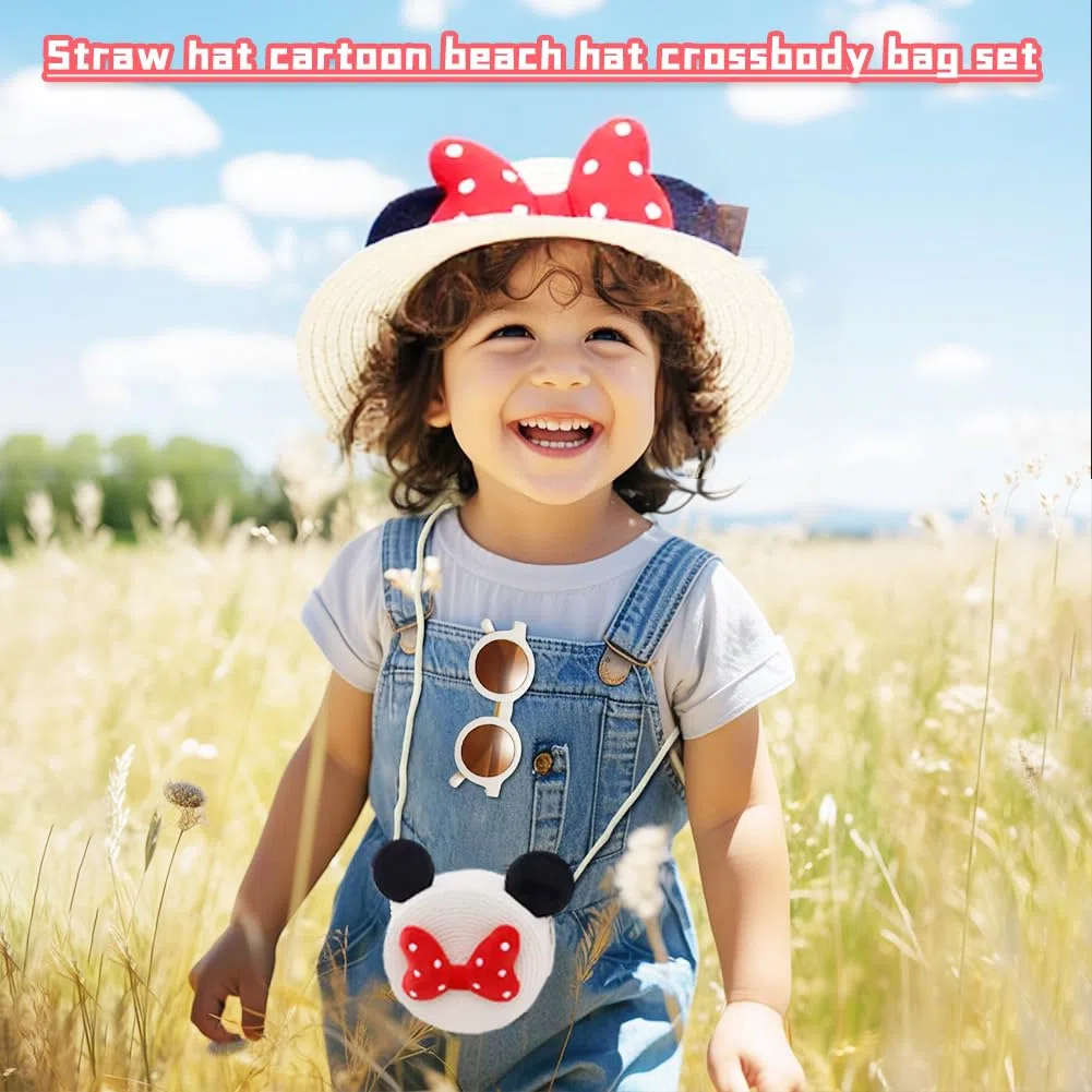 Mädchen Strohhut und Umhängetaschen Set mit Maus Ohren Visier Sonnenhut Mädchen Sommerhut Strandhut für den Urlaub Reise Outdoor Aktivitäte für 4-8-Jährige