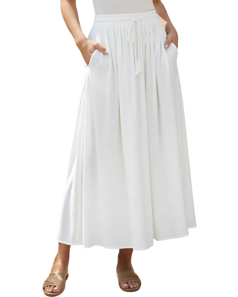Soudittur Damen Maxirock Lang Sommerrock - Hohe Taille A-Linie Rock mit Taschen & Bindegürtel, Elegant Faltenrock Sommerrock Lange Röcke für Strand Freizeit Party