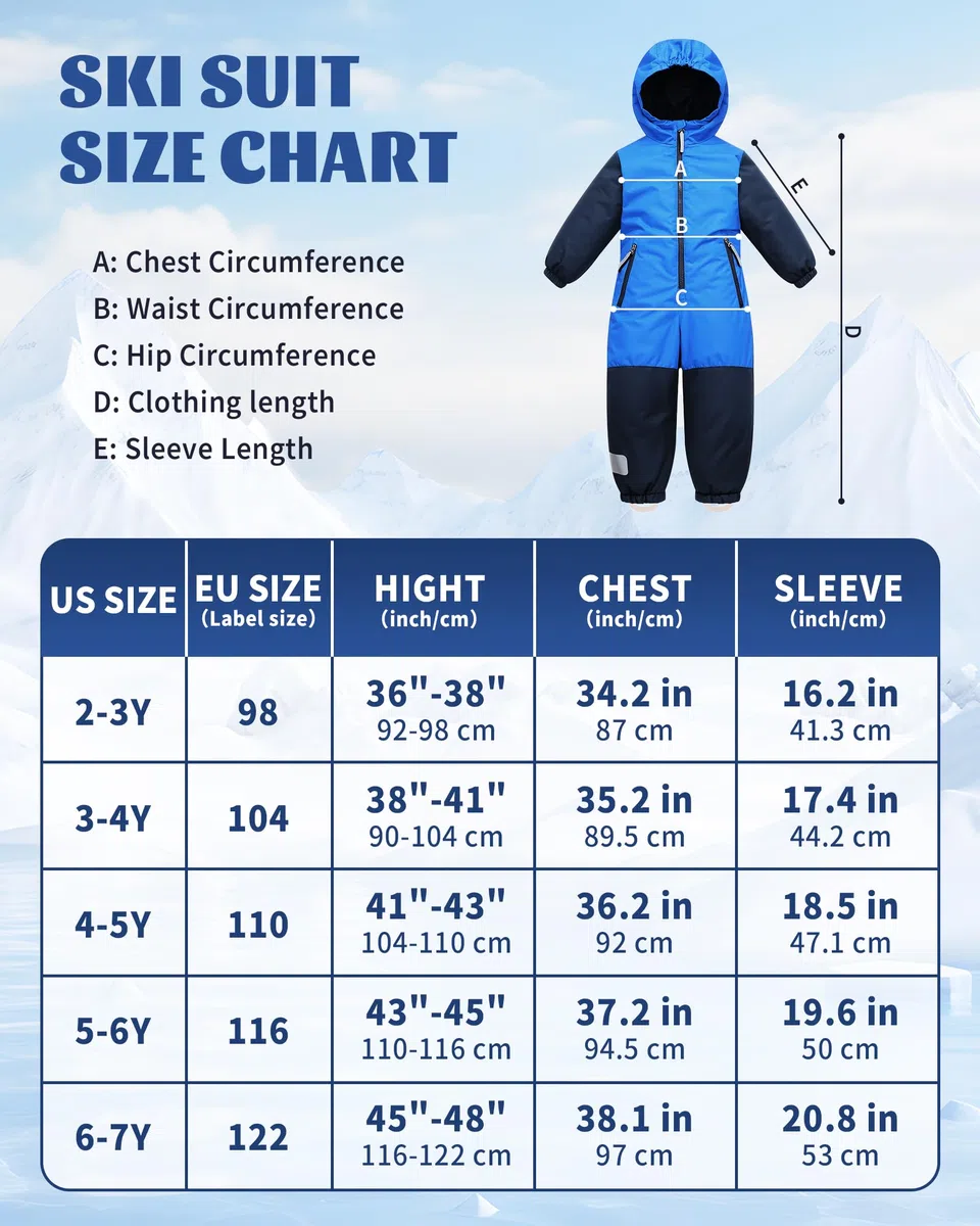 Owntop Schneeanzug Kinder Unisex, Schneeoverall Mädchen Jungen, Winddicht Wasserdicht Skianzug mit Kapuze Reißverschluss (Blau,110)