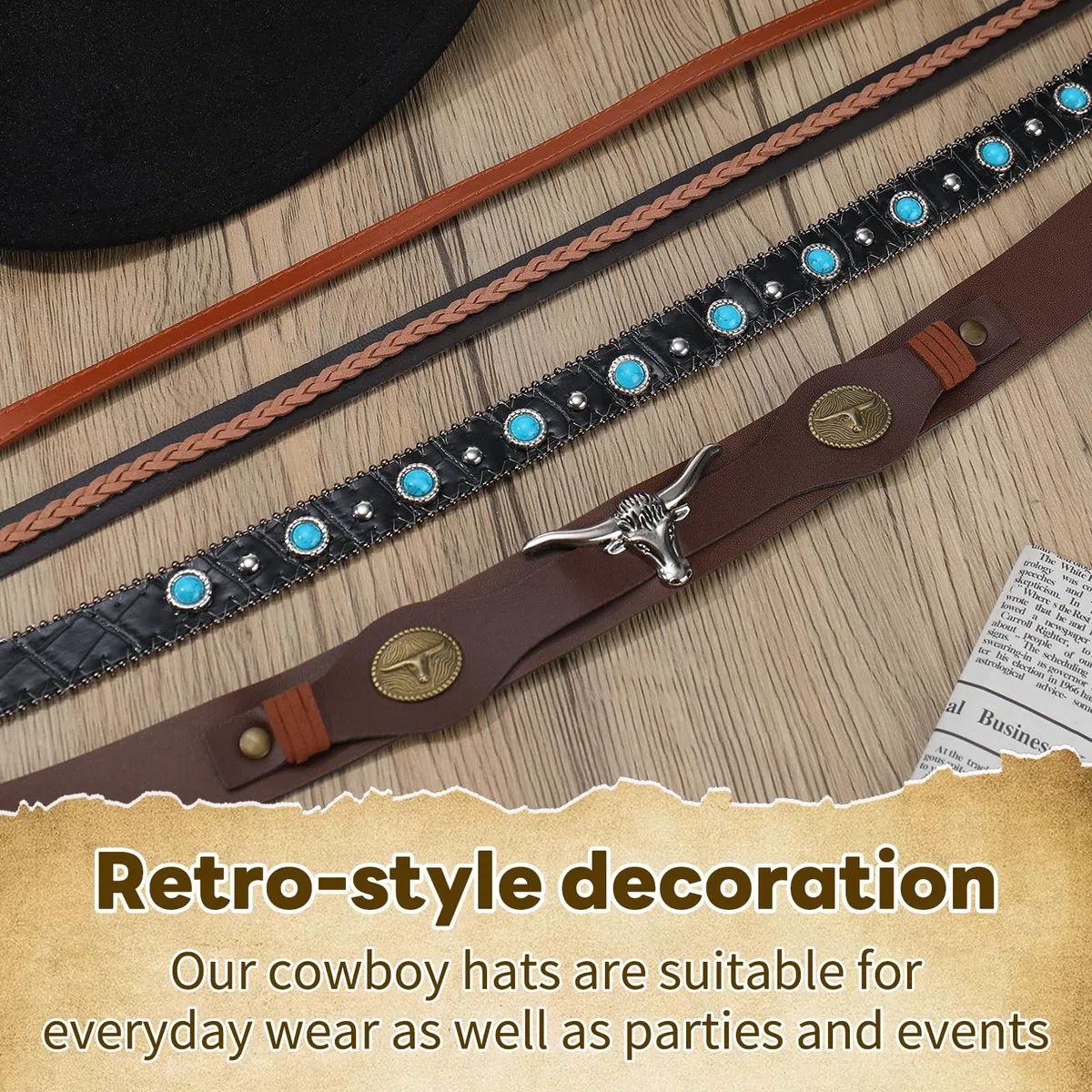 2 Stück Cowboyhut Damen Herren Westernhut mit 4 Stück Lederhutband,Fedora Hut Breiter Krempe Cowboyhüte Stilvoll,Schwarz und Weiß