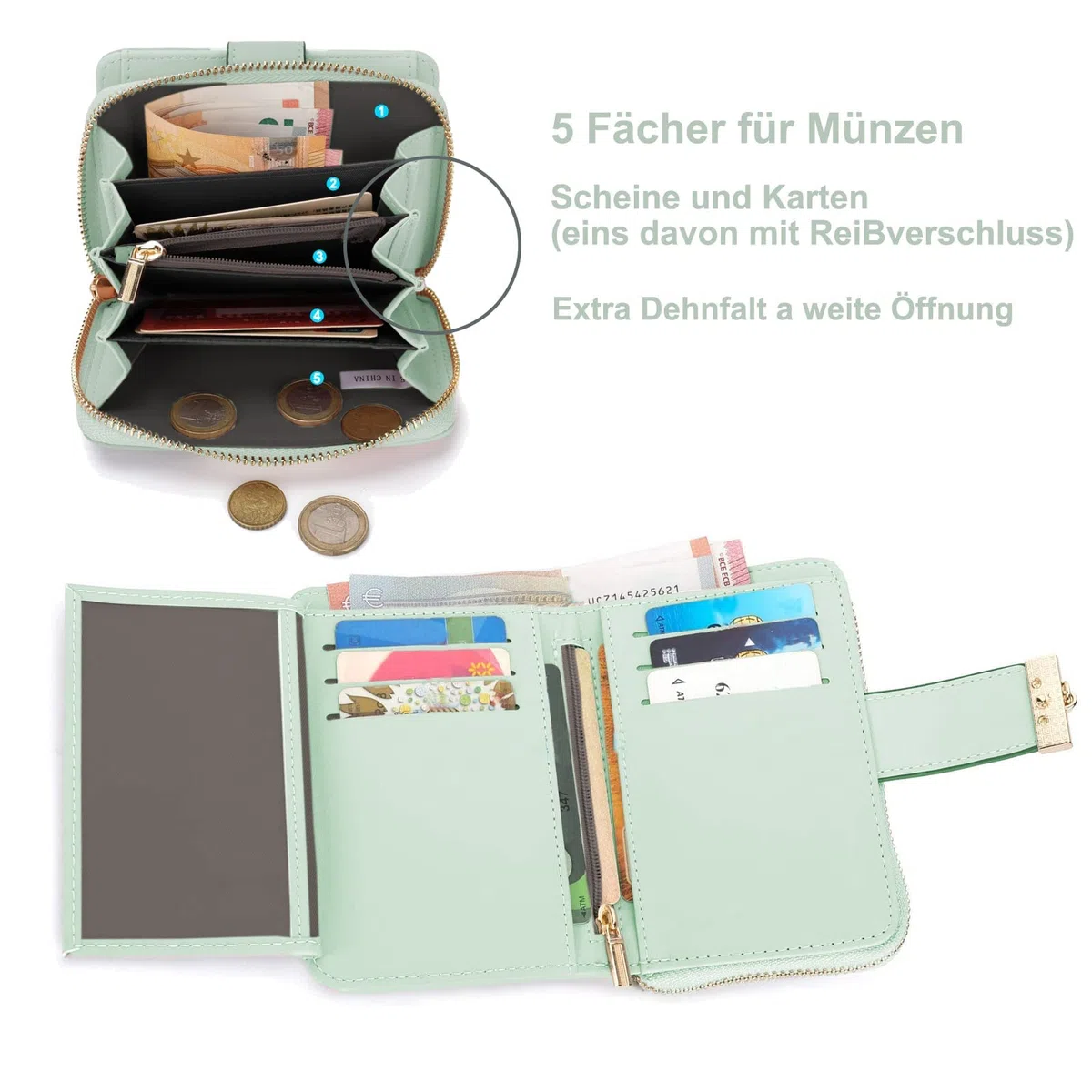 CALIYO Geldbeutel Damen aus glattem und weichem Synthetisches Leder, Geldbörse klein im Kurzformat, Portemonnaie mit Druckknopf Reißverschluss und viele Fächer