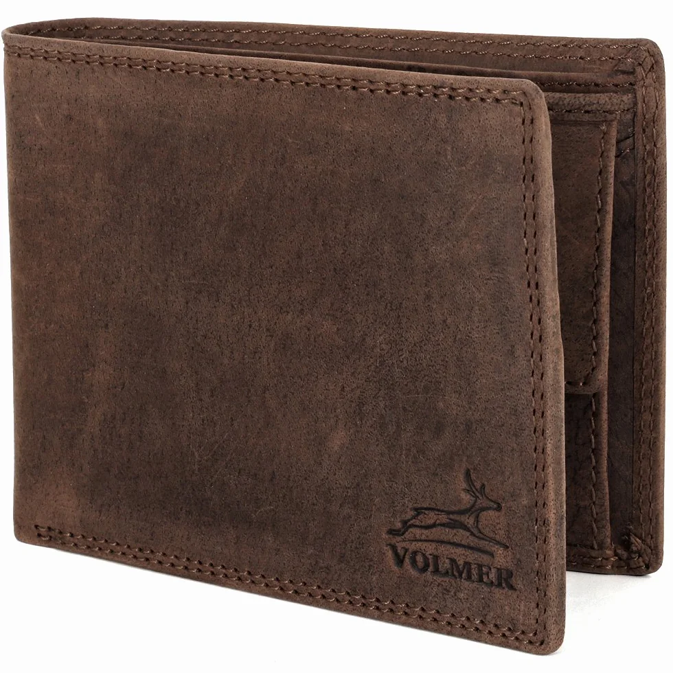 Fa.Volmer ® Leder Geldbörse Herren mit RFID-Schutz - extra-stabile Doppelnaht - 6 Fächer für Kreditkarten - Querformat (Hunter Brown)