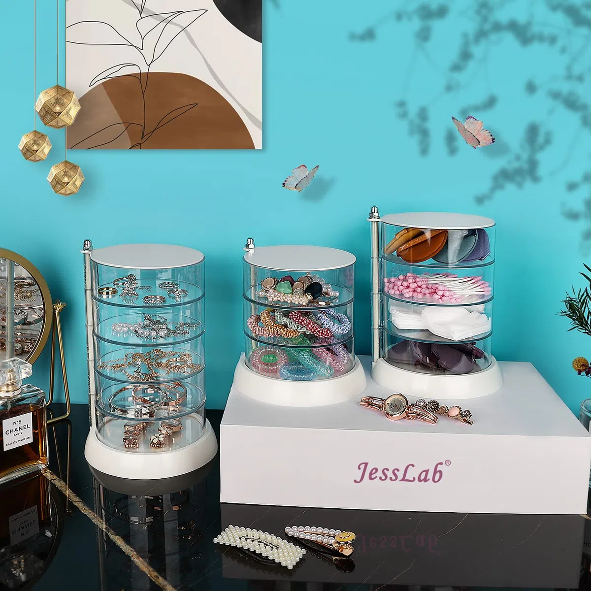 JessLab Haar-Accessoires Organizer, Clear 5-Layer-Acryl-Organisator für Mädchen Haare Binden, klassifizieren Lagerung von Layer-Box für Haar-Accessoires & Armbänder Ringe Armreifen