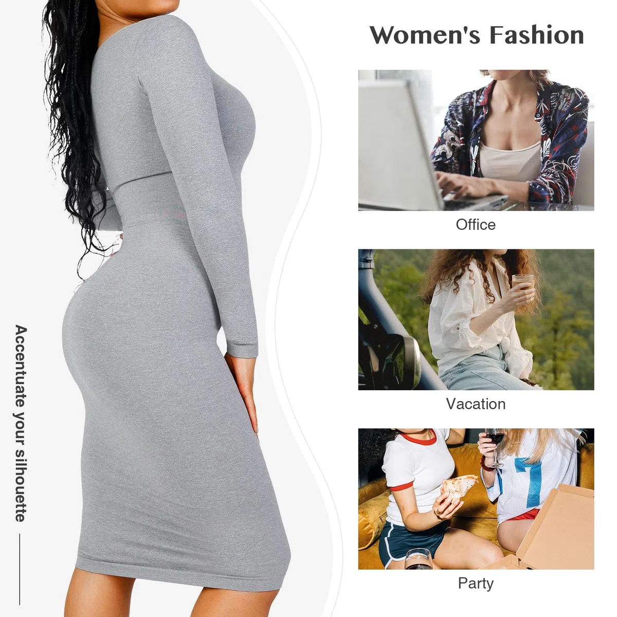 FeelinGirl Bodycon Kleid Shapewear für Damen mit Abnehmbarem BH-Pad Winter Shaping Dress Bauchweg Seamless Recyceltes Material Elegant