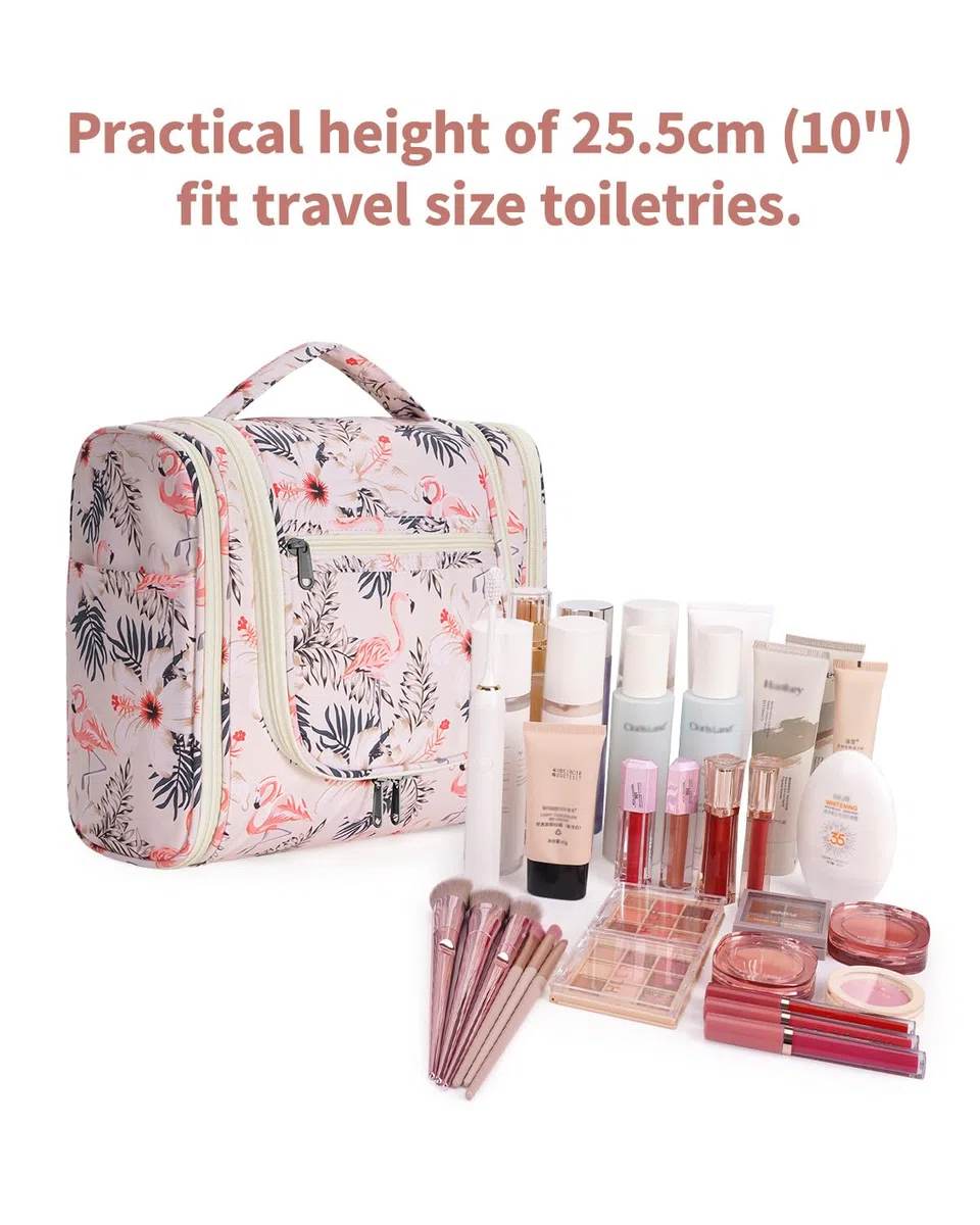 Narwey Kulturbeutel zum Aufhängen, Kulturtasche Kulturbeutel Damen Kinder Gross, Waschtasche Hanging Toiletry Bag Damen für Reise, Kosmetiktasche Make up Tasche für Mädchen (Beiger Flamingo (Groß))