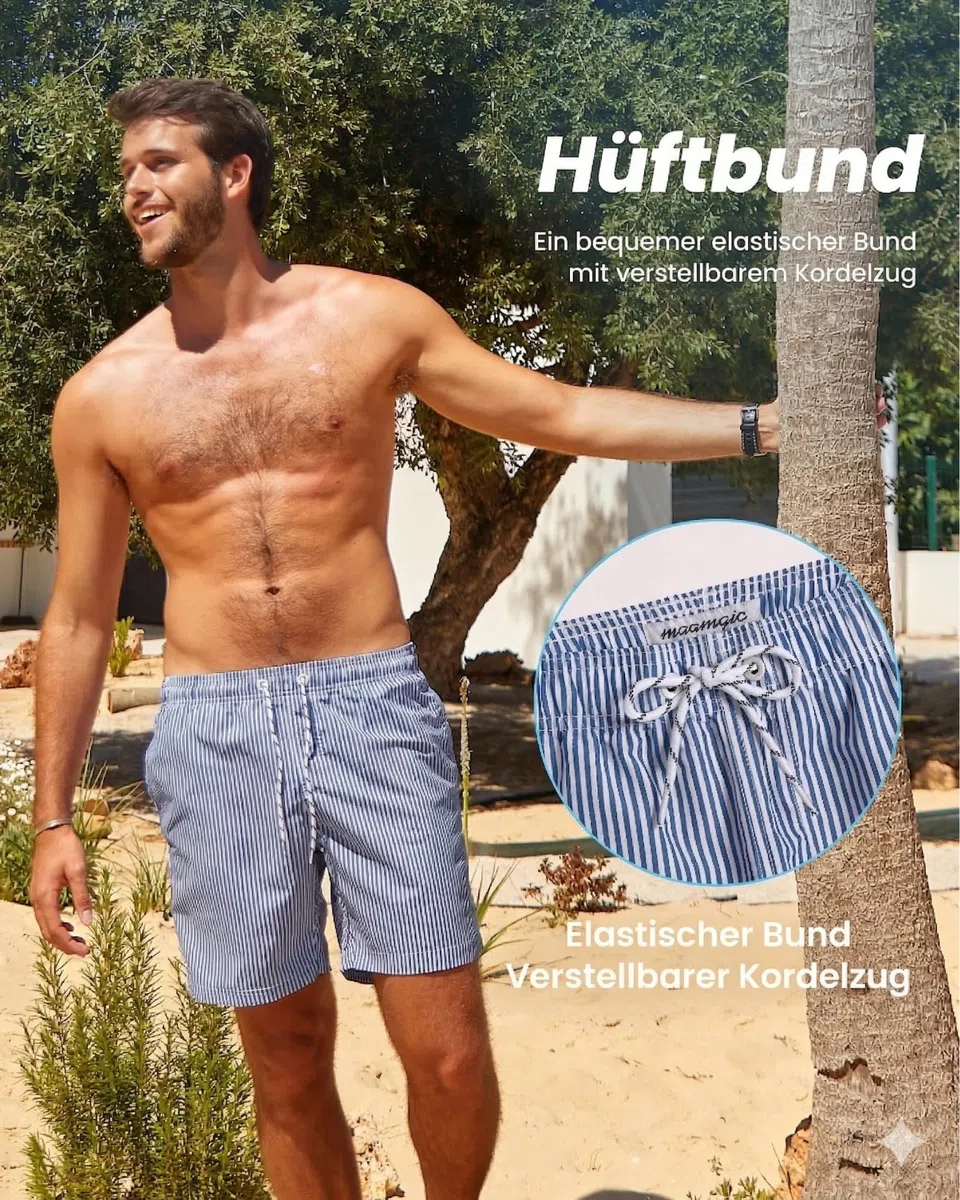 MaaMgic Badehose Herren Badeshorts Männer 18cm Innenlänge Badehosen Für Herren Schnelltrocknend Boardshorts Surfen Strandhose Mit Mesh-Futter Blau Gestreift S