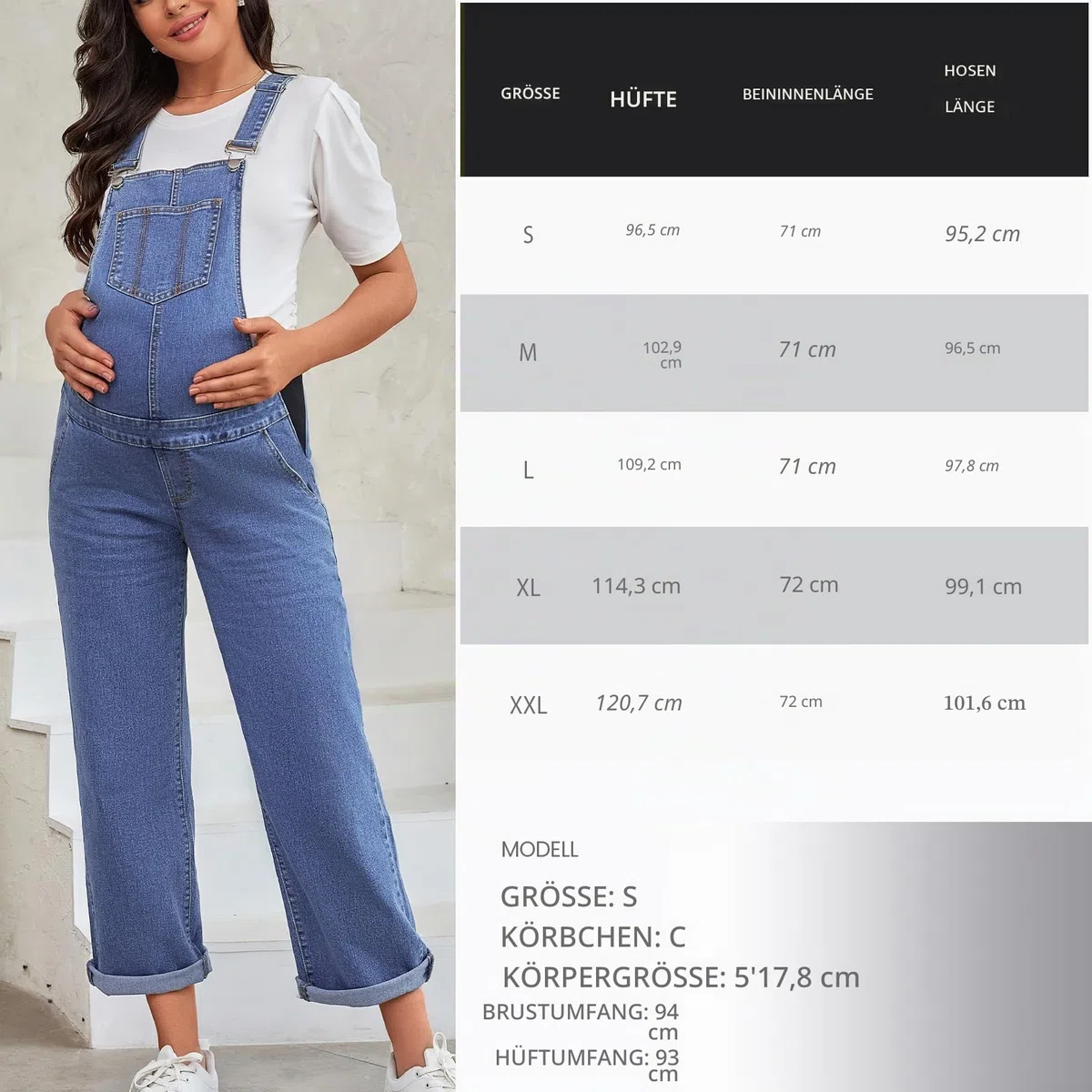 Umstands-Overall, Lätzchen, gerades Bein, knöchellang, Umstands-Denim-Overall für Schwangere
