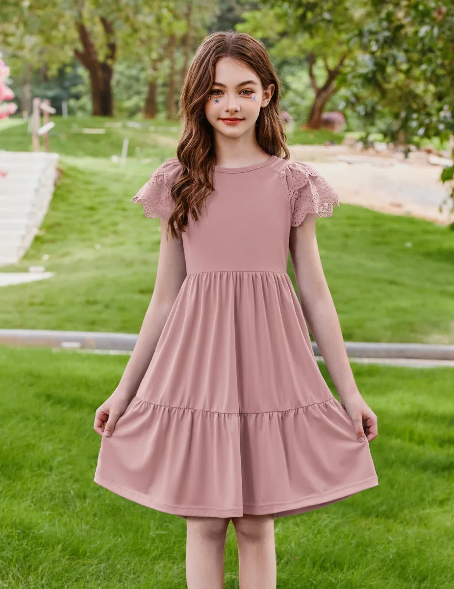 Arshiner Mädchen Kleider Spitze Kurzarm Sommerkleid A-Linie Rundhals Partykleid Kinder Festliches Kleid Casual Midikleid Mode Einfarbig Abendkleider mit Tasche 6-14 Jahre