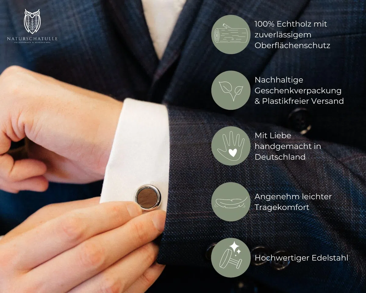 NaturSchatulle Manschettenknöpfe Herren Holz I 1 Paar Schwarze, Silber Manschettenknopf Eckig Hemd Hochzeit Anzug Männer Cufflinks for Men