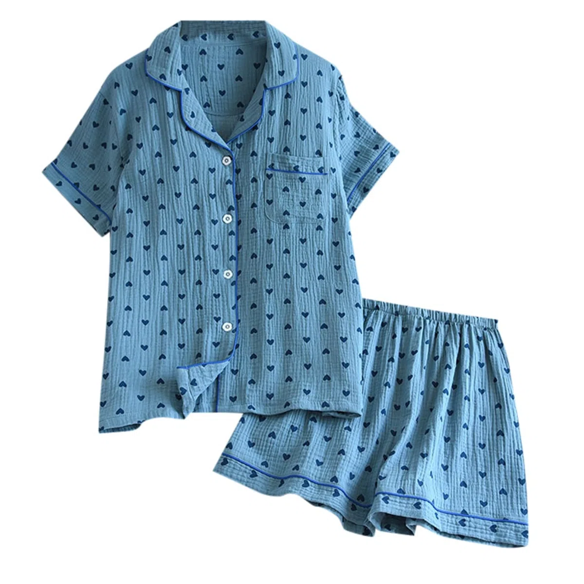 Schlafanzug Damen Mit Knöpfen, dünn, weich, Seersucker-, kurzärmelig, Shorts, liebevolle Heimkleidung Umstandsmode Kleid (Blue, M)